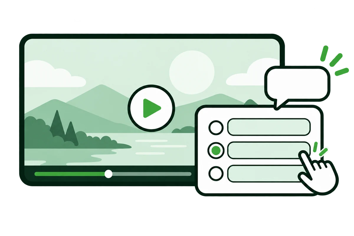 再生中の動画の上に、3つの選択肢が並んだ枠が重なり、指がその1つを選んでいる絵