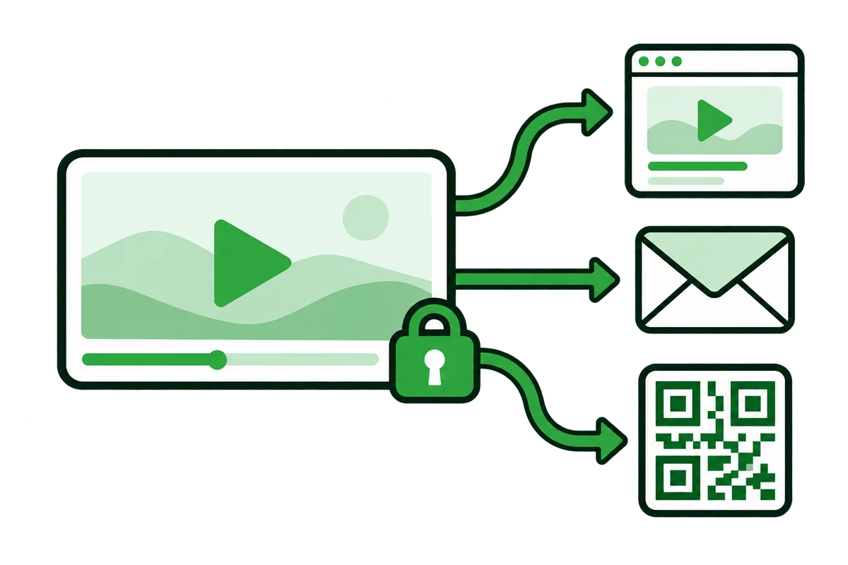 鍵のついた動画から、Web ページ、封筒、QR コードの3つへ矢印が伸びている絵