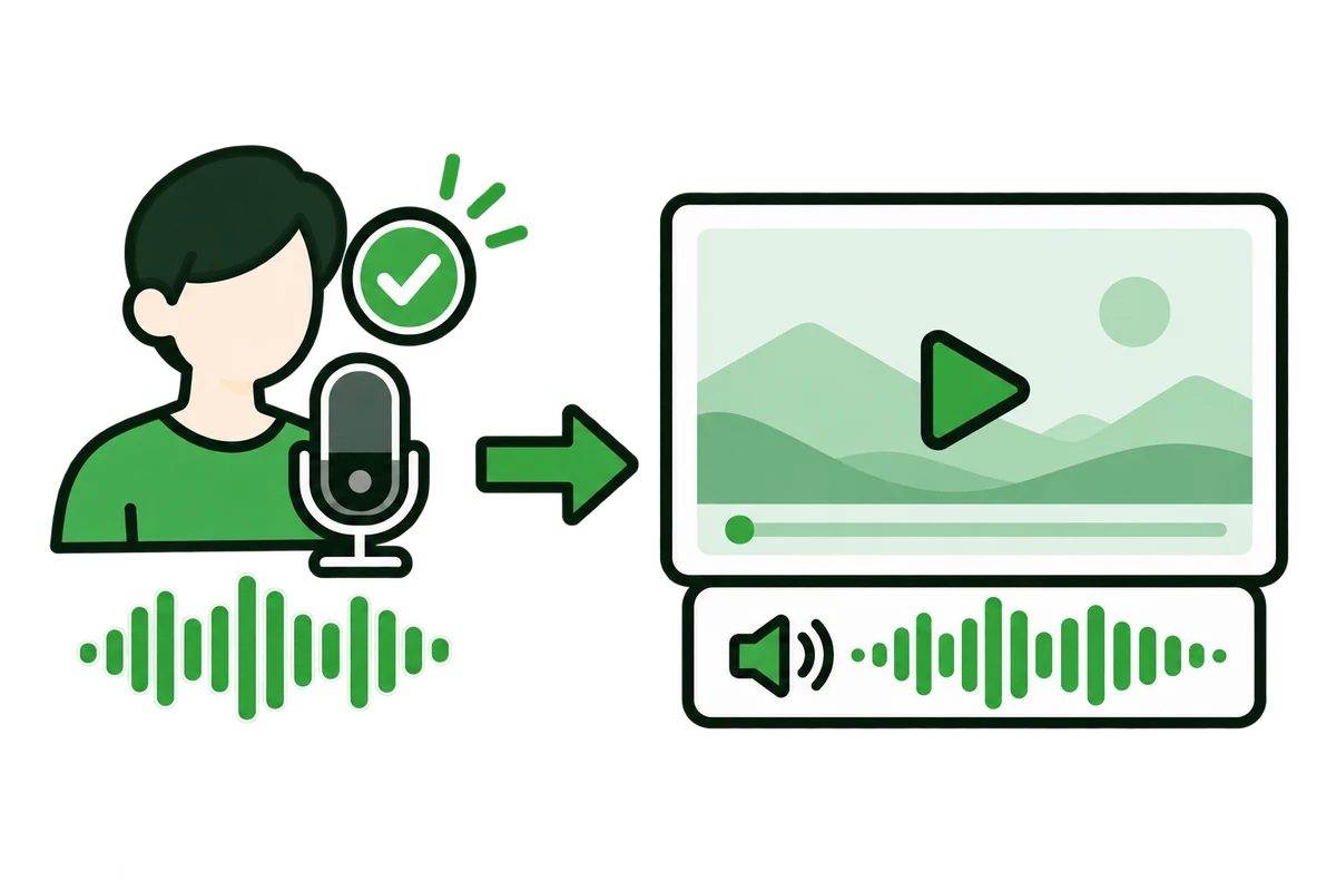 マイクの前の人と音声の波形から、矢印が音声つきの動画に向かっている絵